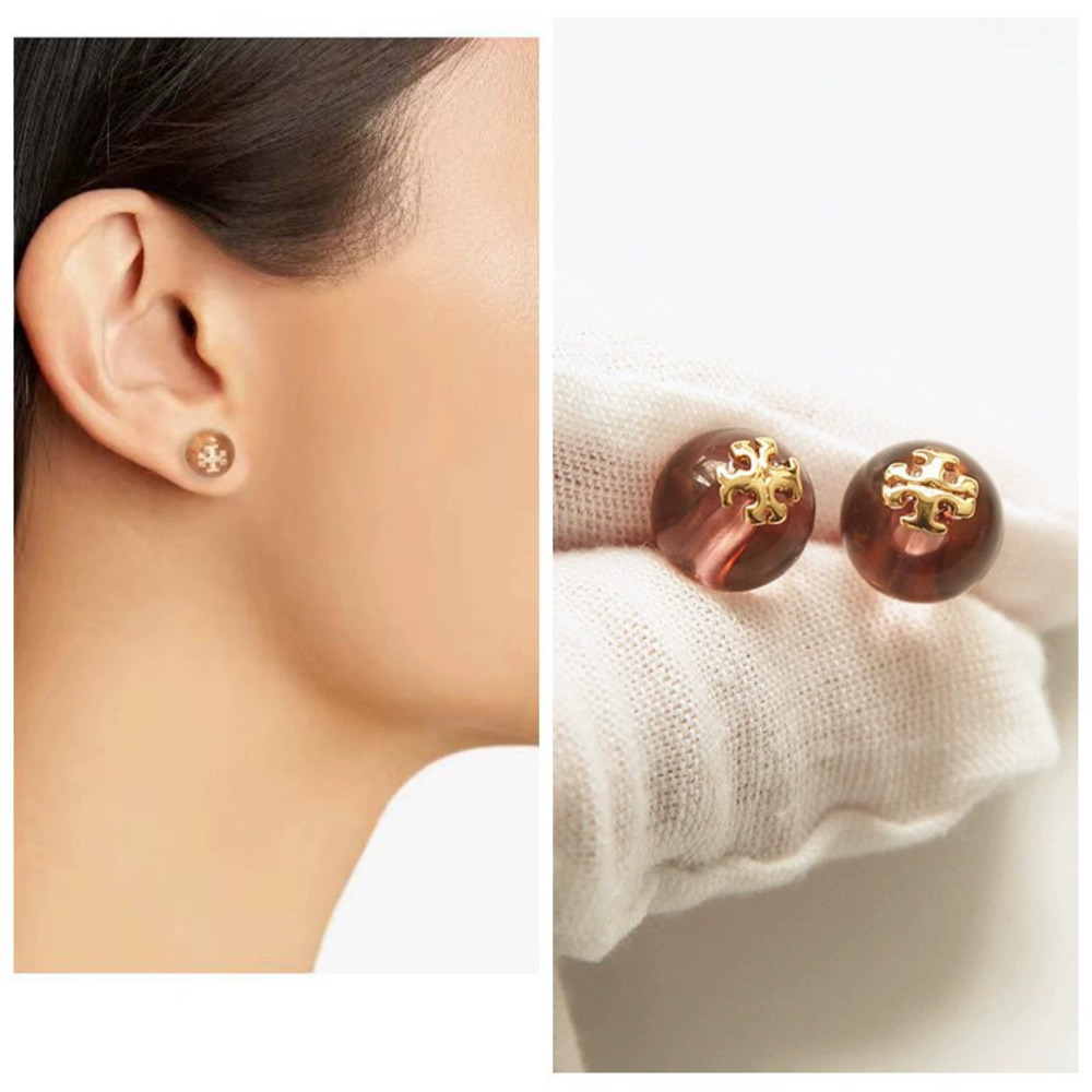 Tory Burch Lilac Purple Faux Pearl Basic Logo Stud Earrings